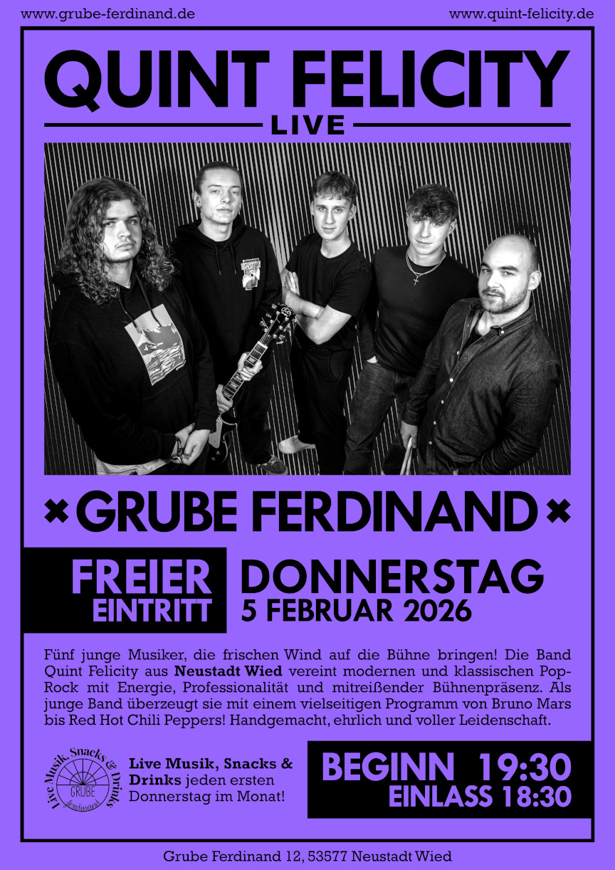 Poster: Quint Felicity Konzert in der Grube Ferdinand am 05.02.2026